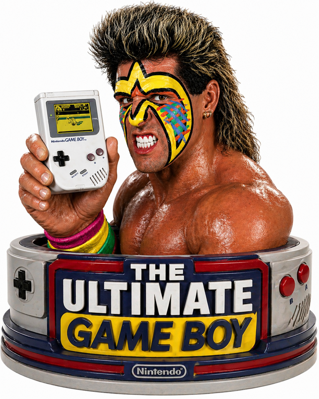 Gameboy 3D Bust with Ultimate Warrior Bust 90s commercial retro feel