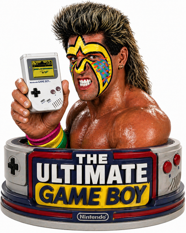 Gameboy 3D Bust with Ultimate Warrior Bust 90s commercial retro feel
